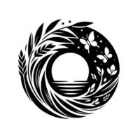 A monochromatic circular emblem, featuring botanical elements, butterflies, and a stylized landscape, evoking themes of nature and harmony, perfect for print designs. vector