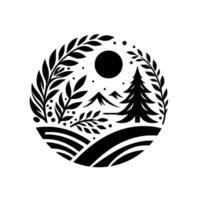 Circular Monochrome Illustration A serene landscape depicting mountains, a pine tree, and decorative foliage, set beneath a night sky, within a circular frame. vector