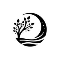 A minimalist black and white circular illustration, featuring a stylized tree within a crescent moon and water elements, symbolizing growth and tranquility. vector
