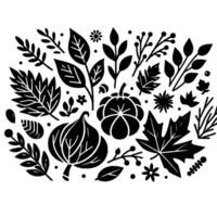A symmetrical black and white floral arrangement, with autumn leaves and pumpkin silhouette illustrations on a white background. vector
