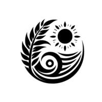 A stylized Yin Yang symbol incorporating elements of nature, including a sun, foliage, and a swirling eyelike in a minimalist, blackandwhite composition. vector