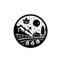 Black and White Round Illustration of Autumnal Scene Cabin, Trees, Mountains, Moon, and Maple Leaves Falling vector
