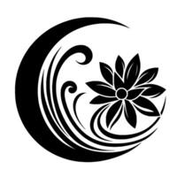A stylized floral emblem, enclosed by a crescent and flowing lines, rendered in bold black and white contrast. vector