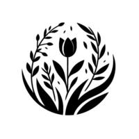Elegant Silhouette A Minimalist Black and White Floral Arrangement featuring a Tulip and Foliage within a Circular Frame, Evoking Natures Beauty and Simplicity. vector