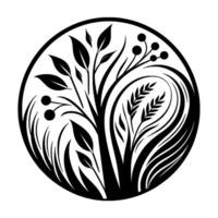 Black and White Circle Composition A stylized botanical illustration featuring leaves, berries, and grasslike elements, creating a balanced and symmetrical . vector