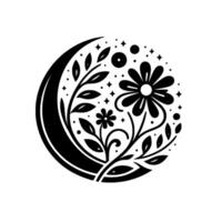 A minimalist, floralthemed black and white illustration within a crescent moon, featuring detailed flowers, leaves, and stars, creating a harmonious . vector