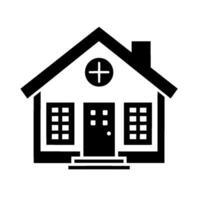 Black and white minimalist house with a cross above the door and a chimney, featuring windows with grilles and a simple step. vector