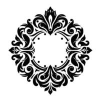 Intricate Black and White Floral Frame A symmetrical, decorative illustration featuring stylized leaves, curls, and dots arranged around a central, circular void, creating a classic and elegan vector