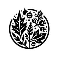 Stylized monochromatic illustration of autumn flora, featuring leaves, berries, and botanical elements arranged within a circular composition, evoking the seasons essence. vector