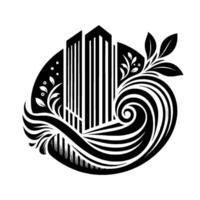 Black and white of two stylized skyscrapers emerging from swirling wave lines and adorned with organic floral flourishes within a circular frame. vector