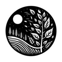A black and white circular illustration depicting a stylized natural scene with a tree, forest, moon, and field, evoking a serene and minimalist aesthetic. vector