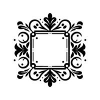 Elegant Black White Square Ornamental Frame with Flourishes and Leafy Designs on White Background. vector