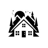Black and White Silhouetted Cottage nestled amidst majestic mountains, pine trees, and a celestial moonlit night sky, evocative of tranquility and wilderness. vector
