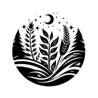A monochromatic nocturnal scene within a circle, showcasing silhouetted flora and fauna under a crescent moon and starry sky. vector