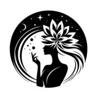 Silhouette of a woman adorned with a floral headdress, in a celestial scene, reaching towards floating orbs against a black circle background. vector