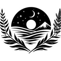 A monochrome minimalist of a moonlit mountain landscape with a reflective lake under a night sky, framed by stylized foliage. vector