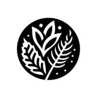 Elegant Black and White Botanical A stylized, circular featuring leaves and floral elements with minimalist dots. vector