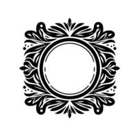 Intricate Black White Ornamental Frame Circular Center with Floral Curvilinear Elements on a White Background, Evoking Classic Elegance. vector