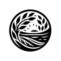 A minimalist black and white naturethemed circular emblem featuring a tree and landscape, evoking serenity. vector