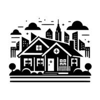 Minimalist black and white illustration of a suburban home with cityscape backdrop, evoking a sense of community, simplicity, and modern living. vector