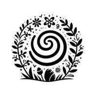 A stylized, black and white floral wreath encompassing a spiral, adorned with leaves, flowers, and an egg, conveying a sense of natures harmony. vector