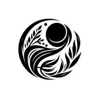 A symmetrical black and white artistic illustration resembling a yinyang symbol, integrating floral elements, crescent moon, and a full moon within a circular composition. vector