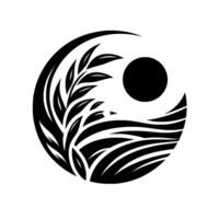 Monochromatic YinYang composition features a stylized floral element, sun, and water wave within a circular frame, representing balance. vector