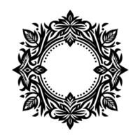 Intricate symmetrical black and white ornamental floral , a circular motif with leaves, dots, and geometric shapes, centered on a white background. vector