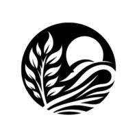 A minimalist, stylized nature scene within a circle a sun, flowing water, and a leafy branch, rendered in contrasting black and white. vector