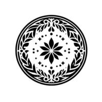 Circular Black and White Floral Mandala with Symmetrical , Leafy Borders, and StarShaped Accents, Isolated on White. vector