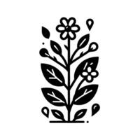A stylized, minimalist floral illustration, showcasing a symmetrical arrangement of leaves, flowers, buds, and teardrop shapes, rendered in a bold black against a stark white background. vector