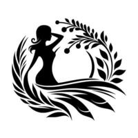 Silhouette of a woman with her hand on her head encircled by flowing leaves and flowering branch, elegant . vector