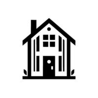 Minimalist Black and White House Illustration A Geometric with a Chimney, Door, Windows, and Leaf Accents on a White Background. vector