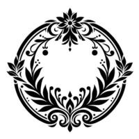 Elegant Black and White Circular Floral Ornament An intricately designed wreath featuring symmetrical leaf, flower, and swirling patterns, creating a classic, decorative element. vector