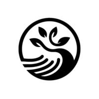 Symbolic A stylized black silhouette within a circle, depicting a hand cradling a growing plant with leaves, representing care and growth. vector
