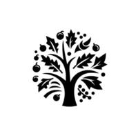 A stylized, symmetrical black and white illustration featuring a tree with leaves and fruit arranged within a circular frame against a plain white background. vector