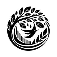 Symbolic monochrome circular featuring a stylized tree, leaves, and a bird in flight, evoking nature and freedom. vector