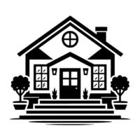Stylized Black and White Illustration of a Classic Home with Garden Elements, Featuring Symmetry and Clean Lines. vector