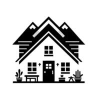 Minimalist Black and White Illustration of a Home with Geometric Shapes and Foliage, Showcasing a Modern Architectural . vector