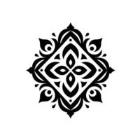 Intricate symmetrical black and white floral mandala with stylized leaves, circles, and diamond shape against a pure white backdrop. vector