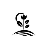 Black and white minimalist illustration of a flower with leaves and a curved line above it growing from a stylized landscape. vector