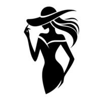 Elegant Silhouette of a Woman in a WideBrimmed Hat, Posing with Graceful Gestures, in a Striking Black and White Composition. vector