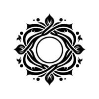 An intricate, symmetrical black and white floral , with interwoven lines and a central circular opening, evoking elegance and sophistication. vector