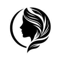 Elegant Black Silhouette of a Womans Profile Adorned with Leafy Hair, Encased in a Circular Frame, on White. vector