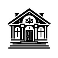 Minimalist Black and White Architectural Illustration of a Classic Building with Symmetrical , a Decorative Wheel Motif, and Simple Geometric Elements. vector