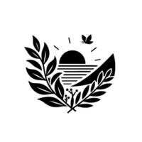 Black and white minimalist nature emblem featuring a sunset over stylized ocean lines, framed by stylized leaves and a small bird in flight. vector