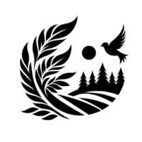 A stylized monochrome artwork showcasing a silhouetted dove in flight above a serene landscape featuring fields, trees, a sun, and foliage, arranged in a circular composition. vector