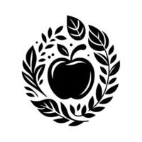 A symmetrical, blackandwhite circular featuring a stylized apple at the center, adorned with a leafy wreath, representing health, nature, and organic elements. vector