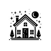 Monochromatic minimalist illustration of a house under a starry night sky, moon, and trees, evoking a sense of serenity and home. vector