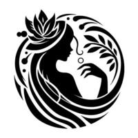 Serene silhouette of a woman with floral crown, within a circular artistic arrangement, featuring natureinspired elements and elegant details. vector
